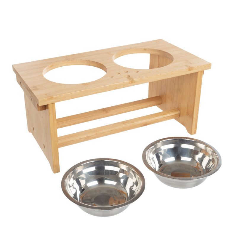 Elevated Bamboo Dog Feeding Station with Stainless Steel Bowls