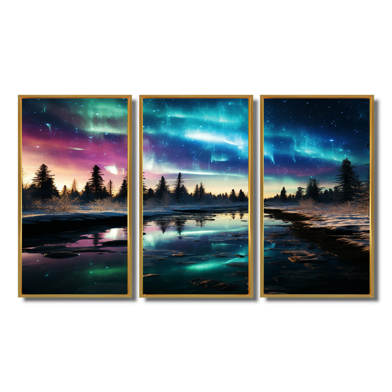 «Blue Northern Lights River Snow Landscape - Aurora Borealis», ensemble de salon d'art mural, Cadre flottant doré