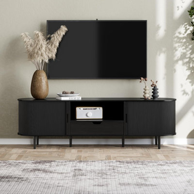 TV Stand with Storage For 55" - 78" TVs, 71" Entertainment Center with Power Outlet, Fluted Media Console with Sliding Doors, Mid Century Modern Wood TV Console With Drawers And Shelves For Living Room