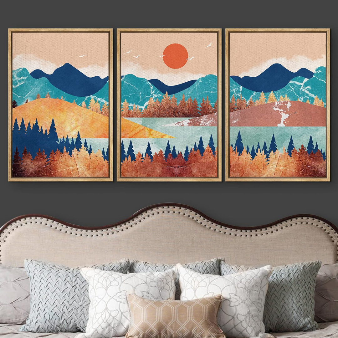 Sun Mountain Range "Orange Blue Abstract Scandinavian Landscape Framed Canvas Print 3 Piece Wall Art IDEA4WALL 