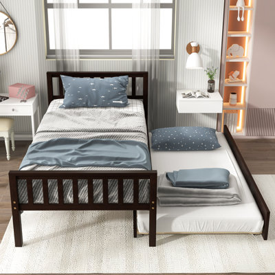 Lit simple avec lit gigogne, cadre de lit plateforme avec tête et pied de lit, pour un petit espace de vie dans la chambre à coucher, aucun sommier nécessaire, espresso (nouveau SKU: W504P148534)