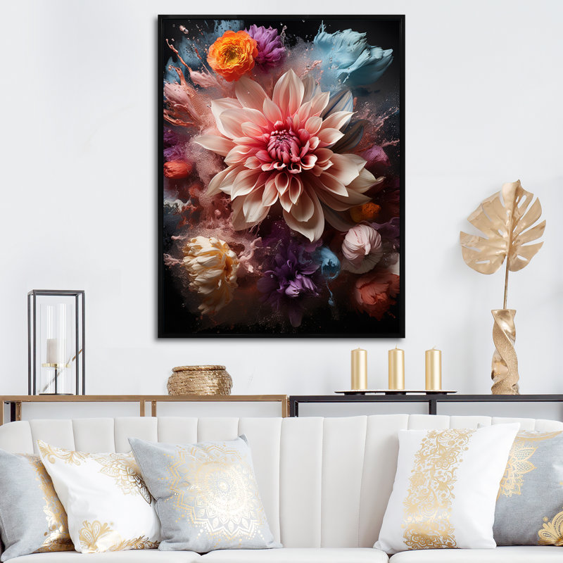 Collage de fleurs vibrantes de dahlia I - décoration murale Dahlia, 44" H x 34" W, Cadre flottant noir