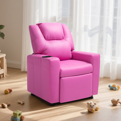 Kids Reclining Chair, Toddler Recliner with Cup Holder, 101° to 121° Adjustable Backrest, Easy-to-Clean PU Leather Recliner Couch with Footrest, 90 lbs Load, for Boys & Girls, Children (Pink)