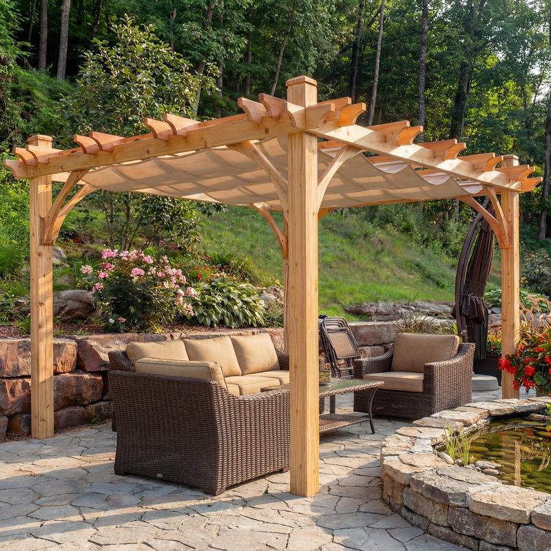 10 ft. W x 12 ft. D Breeze Solid Cedar Wood Pergola with Retractable Canopy, 10 ft. W x 12 ft. D, Brown