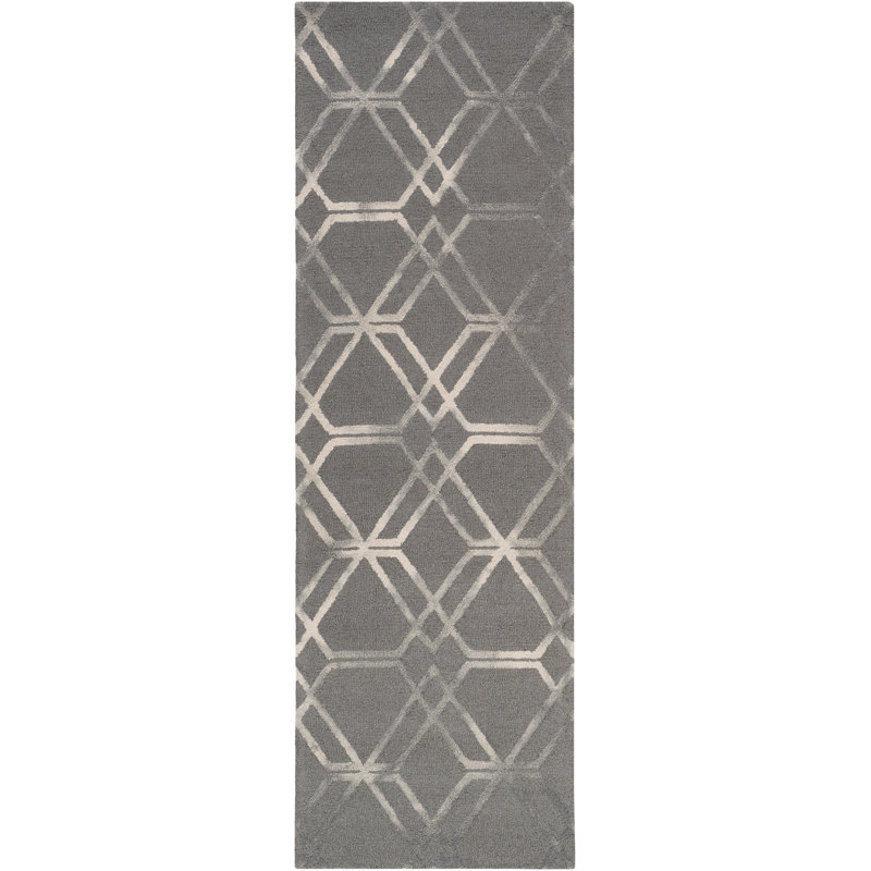 Tapis gris en laine touffeté à la main à motif géométrique Norcross, Tapis de couloir 2 pi 6 po x 8 pi