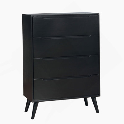 Commode Mid-Century moderne noire à 4 tiroirs avec poignées encastrées et fuselées