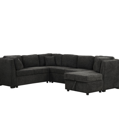 Salon en forme de U de 108,6 po avec lit et compartiment de rangement, 2 ports, prises de courant, lit modulaire en chenille noir confortable, chenille, rangement, prises de ports pour l'espace