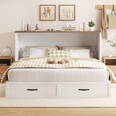 Queen Murphy Bed Frame with Charging Station, Convertible Chest Bed Cabinet, Space-Saving Design