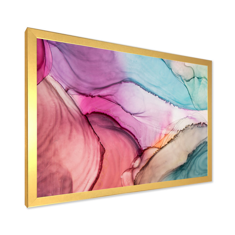 Marbre luxueux turquoise liquide - art mural moderne sur toile, H 24 po x l 36 po x P 1 po, Toile encadrée dorée