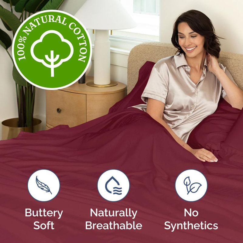100% Cotton Sheet Set, 400 Thread Count Hotel Luxury Bedding, Soft & Breathable Bed Sheets, 4 Piece Set, Burgundy