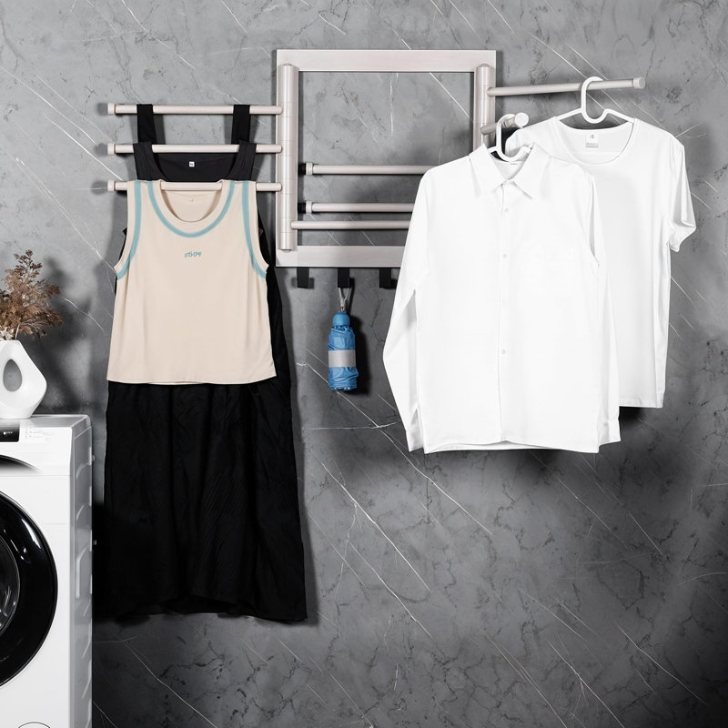 Séchoir mural, séchoir à linge mural pour la lessive, 20 po, avec 5 crochets et 8 bras, blanc, Blanc