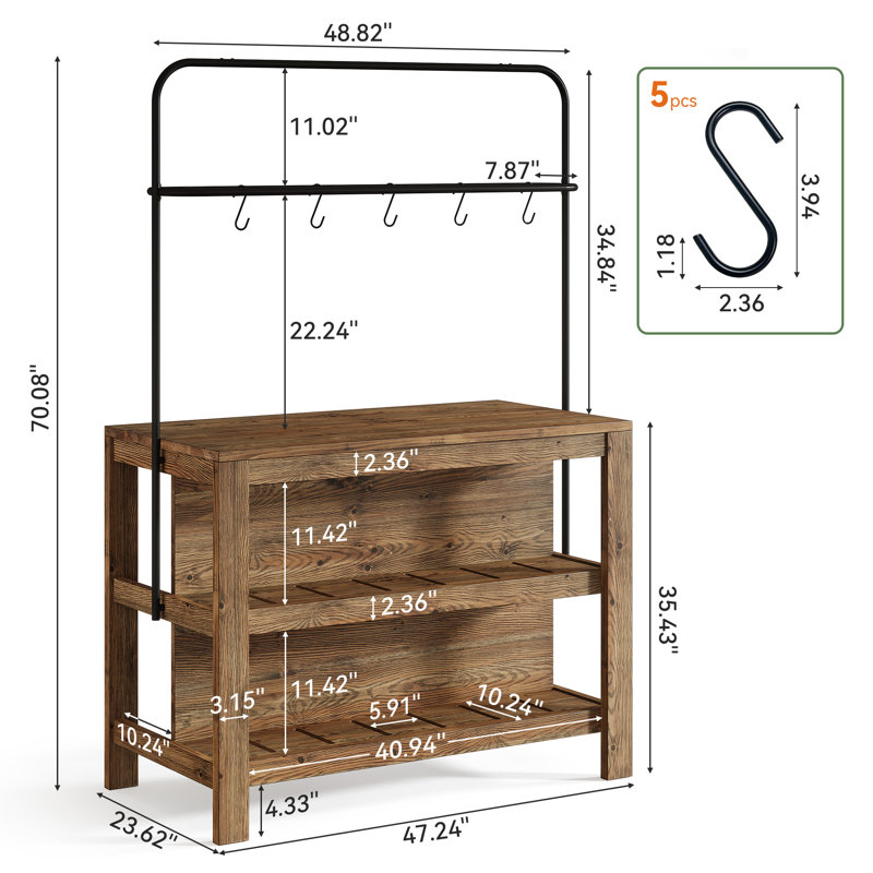 Bar multifonctionnel avec 2 tablettes amovibles, support en métal avec 5 crochets en S