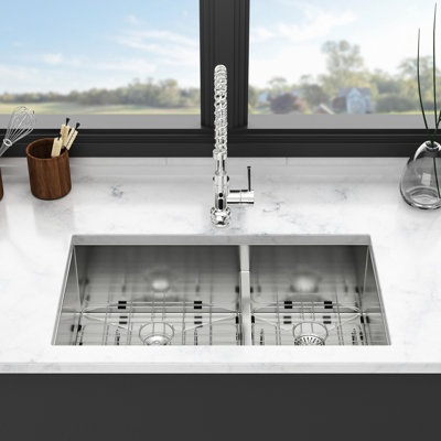 36" 60/40 Double Bowl Undermount Kitchen Sink In 16 Gauge T304 Stainless Steel, 10" Depth, For Drain Ease, Low Dividing Wall, Outside Coating To Condensation, Noise Damping Pad, Package Comes With