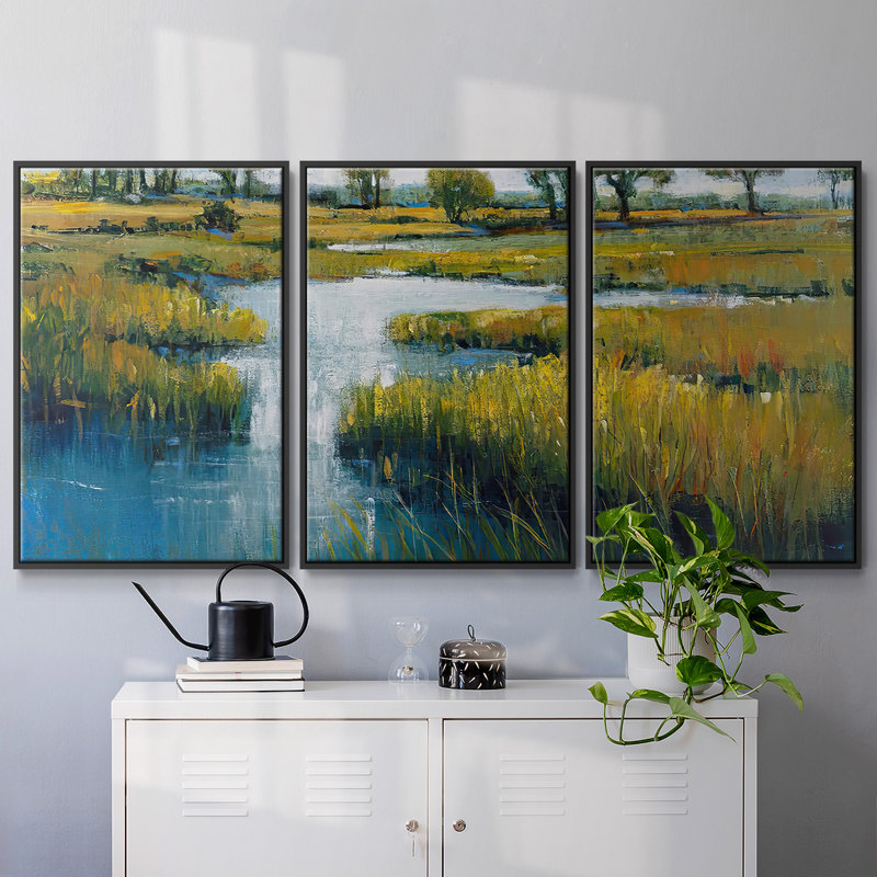 Marshland View III, ensemble de 3 toiles encadrées, H 24 po x l 48 po x P 2 po, Cadre noir