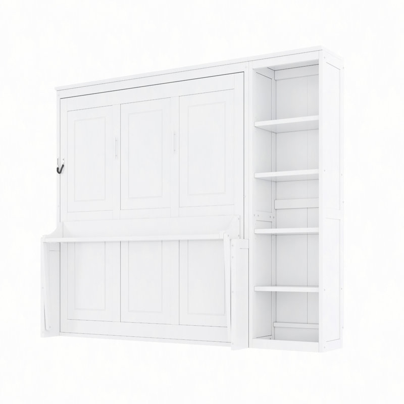 Lit escamotable avec bureau et bibliothèque Murphy, Lit double, Blanc