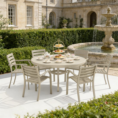 7-Piece Outdoor Amato with Stackable Chairs and Round Slatted Metal Table for Garden, Deck, or Backyard Use.