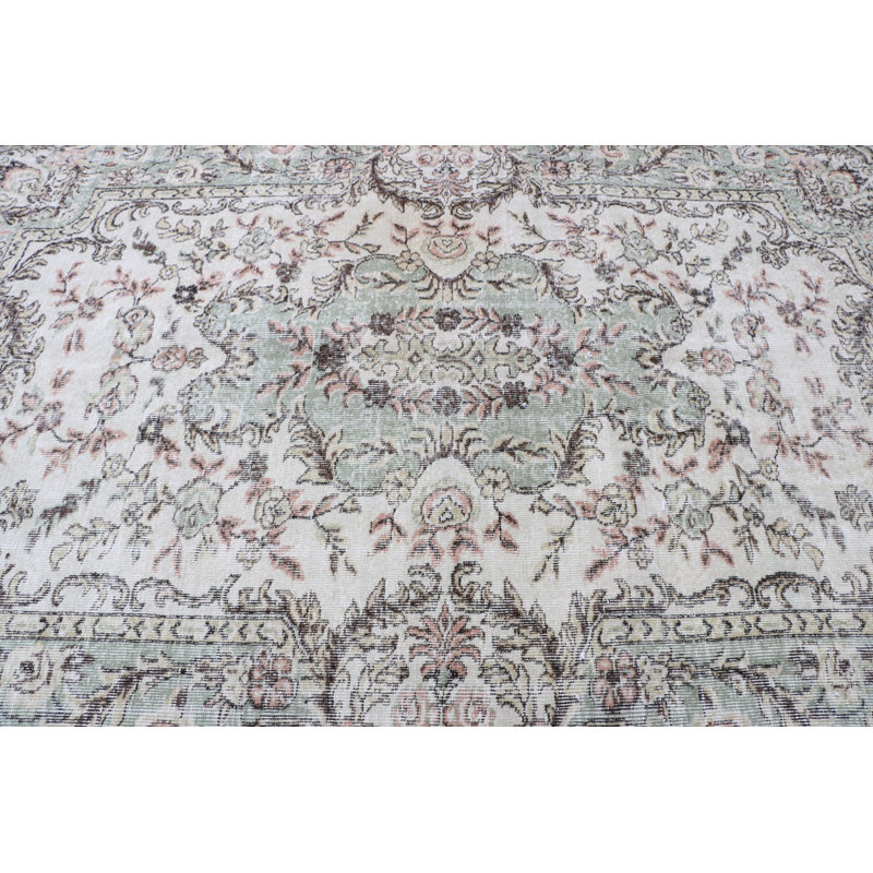 Grand tapis turc rétro Anatolian pour salon - Tapis vert en laine à motif géométrique
