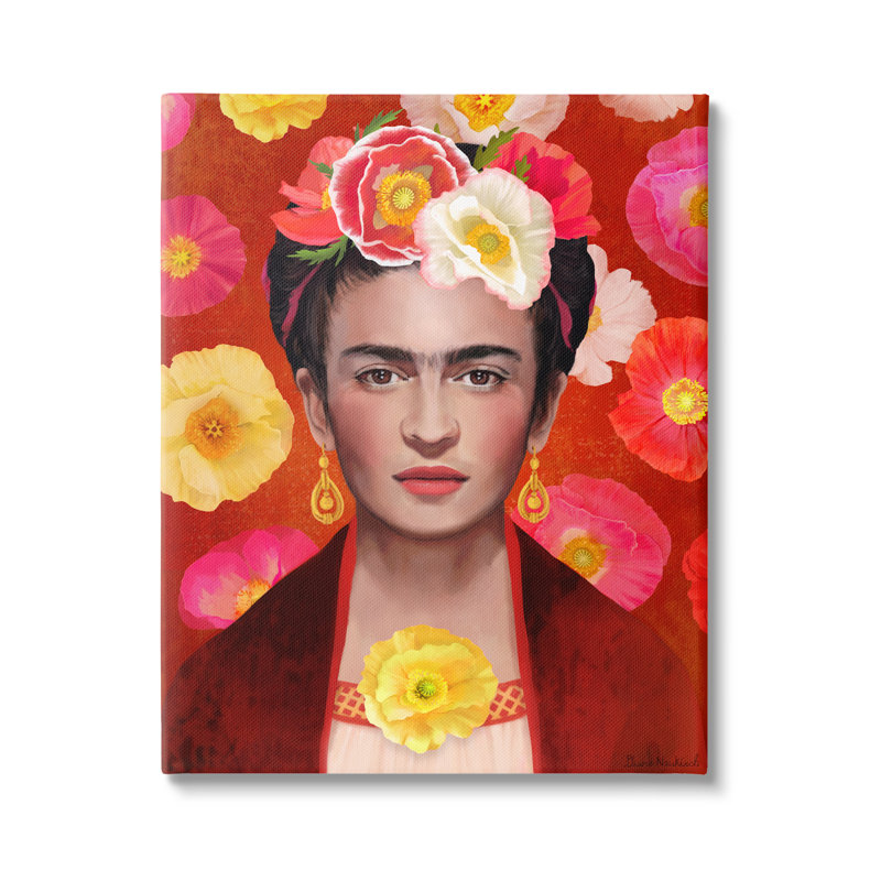 «Bold Frida Kahlo Portrait Floral Poppies» par Diane Neukirch - peinture sur toile tendue, H 48 po x l 36 po x P 1,5 po