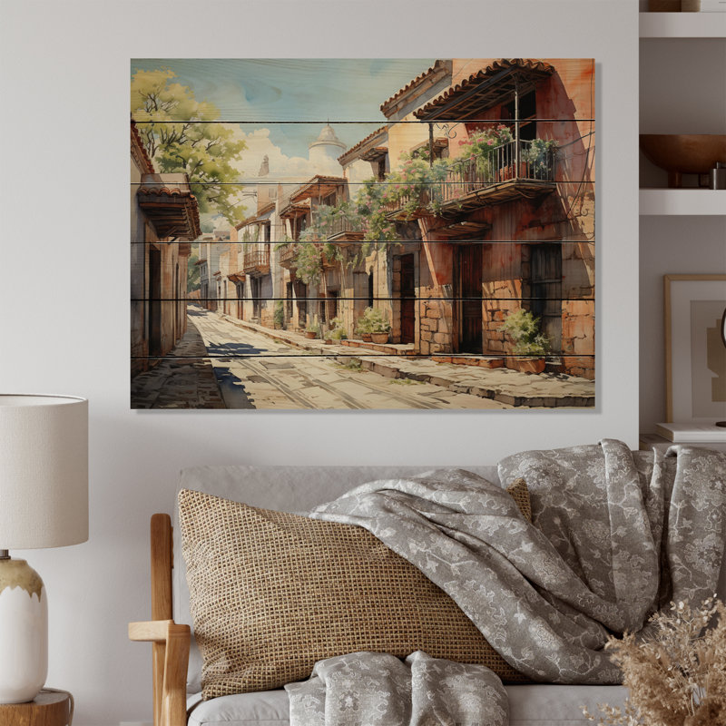 «Green Beige Mexico Colonial Charm», aquarelle sur bois, H 24 po x l 32 po x P 0,78 po