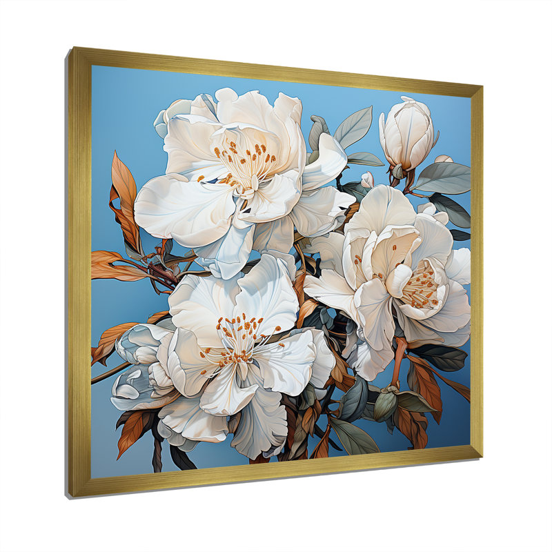 Un bouquet de rhododendrons sur toile, Cadre doré simple, H 16 po x l 16 po x P 1 po