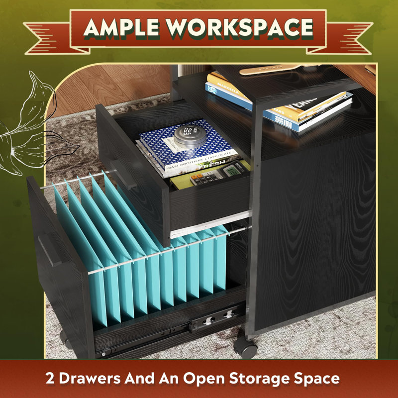  2-Drawer Rolling File Cabinet With Open Storage Shelf, Black Metal & Wood Design, Full-Extension Drawer For A4/Letter Files, 15.7"D X 16.2"W X 25.6"H, Ideal For Home & Office