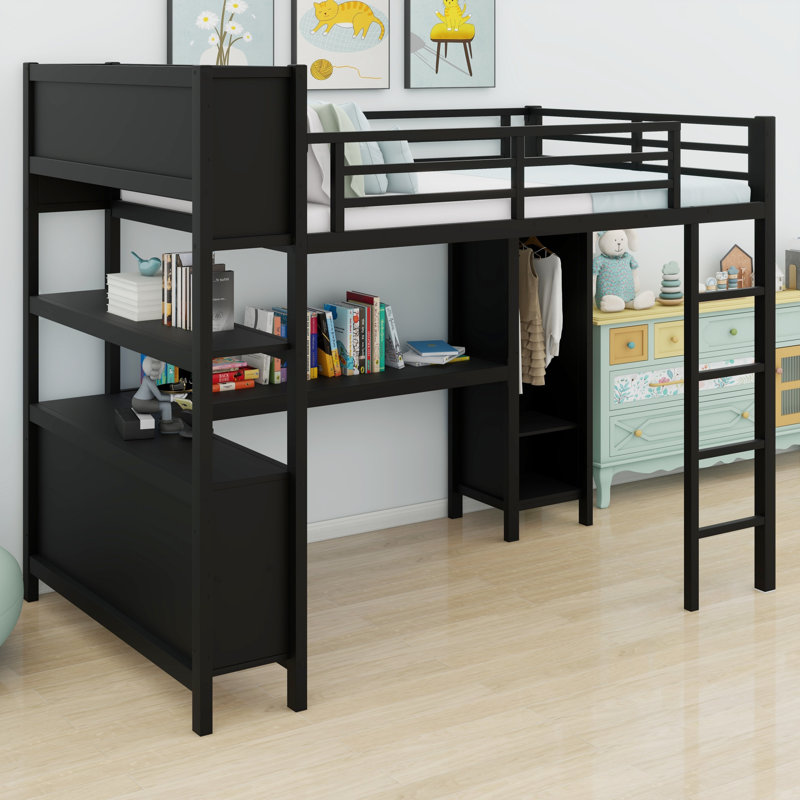 Lit mezzanine en métal avec garde-robe et bureau en L, cubes de rangement et tablettes, Noir