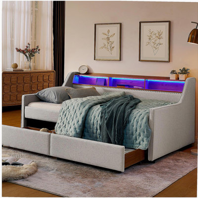 Canapé-lit simple rembourré avec trois lumières DEL, tête de lit réglable avec rangement, deux tiroirs de rangement et chargement sans fil, cadre de canapé-lit rembourré en lin, beige