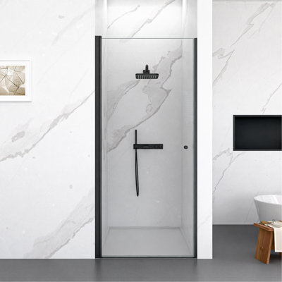 Porte de douche circulaire pivotante sans cadre l 34 po x H 72 po en noir mat avec verre trempé de 1 po d'épaisseur (6 mm)