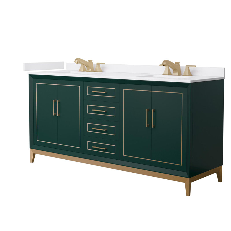 Marlena 72" Freestanding Double Bathroom Vanity with Cultured Marble Top, Green, Satin Bronze
