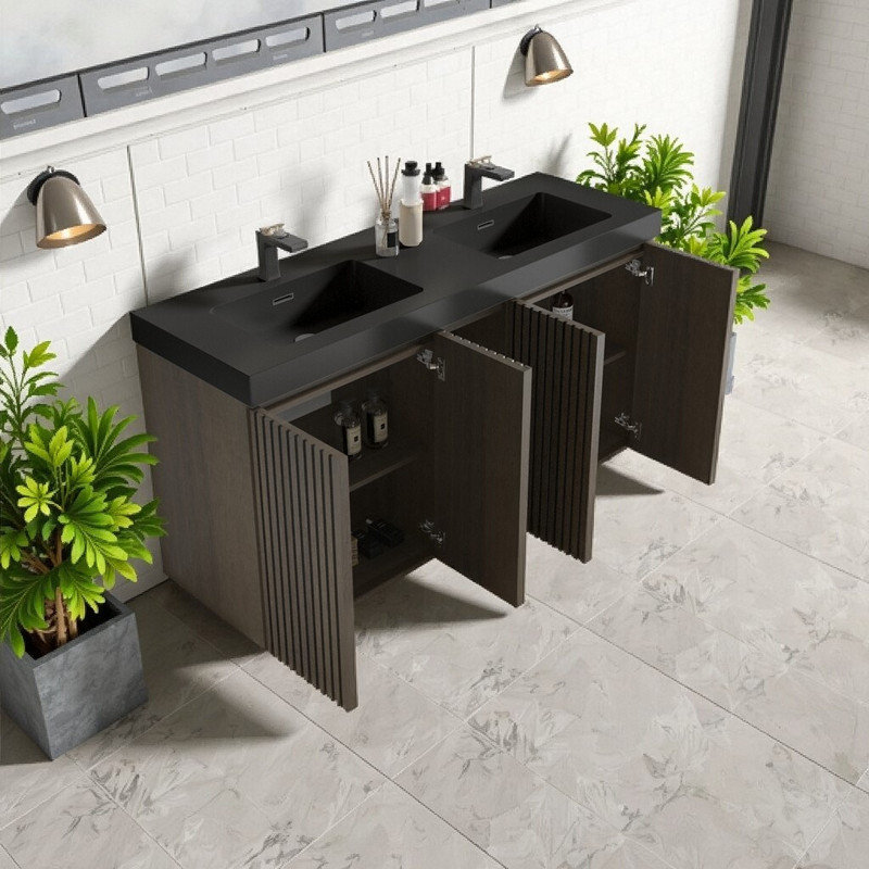 Meuble-lavabo autoportant à double cuve avec rangement spacieux et conception moderne en bois, Noir