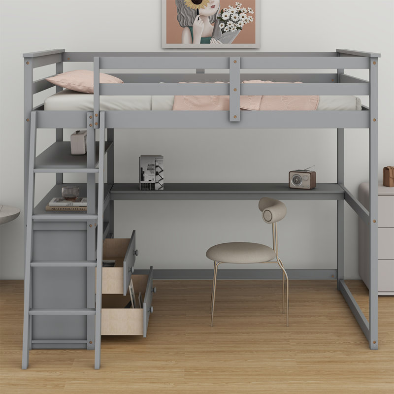 Lit mezzanine avec bureau et tablettes, deux tiroirs intégrés, Gris, Double