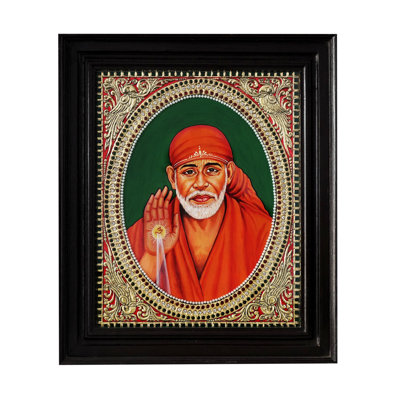 Bénédiction de Sai Baba sous la douche | Peinture avec cadre Tanjore | Couleur traditionnelle avec or 24 carats