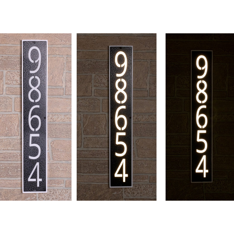Modern Vertical LED Address Sign Plaque - 5 Digit, Silver/Swedish Iron, Yes