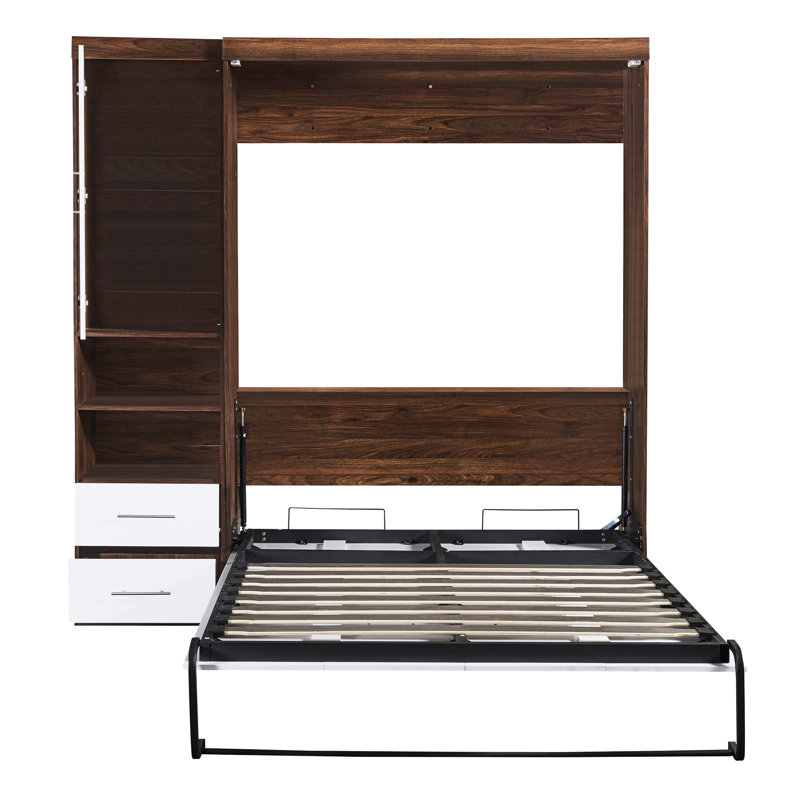 Lit double mural blanc pleine grandeur, option peu encombrante avec armoire à lattes flexibles, confortable et pratique pour le bureau à domicile