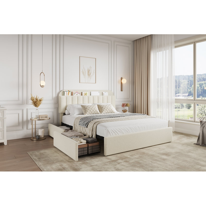 Faux Fur Upholstered Bed Frame with Storage Headboard, 2 Drawers, Beige, Queen