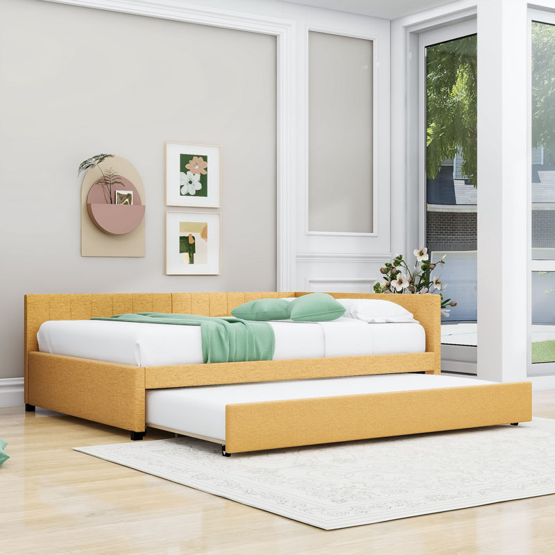 Yasmir Upholstered Sofa Daybed with Trundle, Yellow, Full
