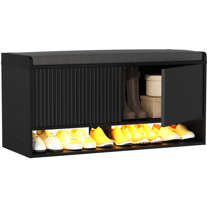 39.4In Shoe Bench With Storage And Led Light, Black