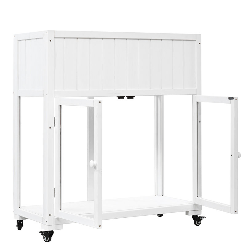 White Mini Cold Frame For Indoor Gardens, 35.4''X17.7''X37.4'', 2 Doors Greenhouse With Wheels And Raised Bed Liner Flower Growth,