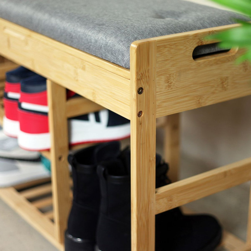 Froppi Shoe Bench with Grey Padded Seat and Hidden Storage | 2-Tier Wooden Shoe Rack L80 W29.5 H49 cm, Natural