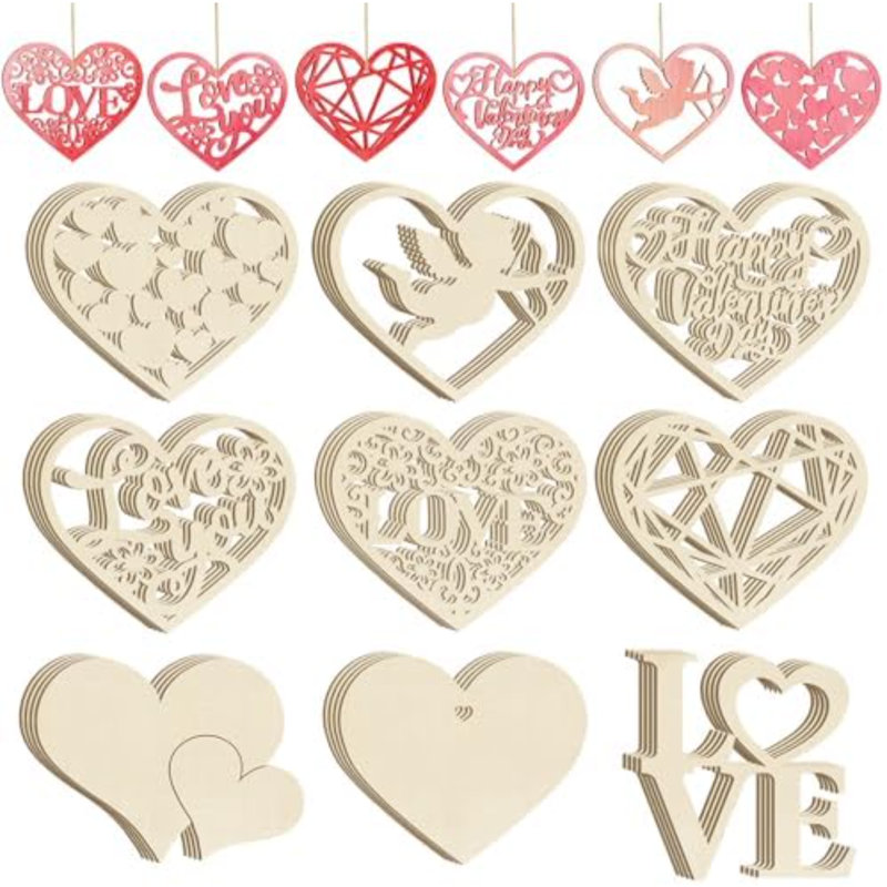 36 pièces décoratives en forme de cœur en bois pour peindre la Saint-Valentin, 9 styles de bricolage en bois brut sans finition