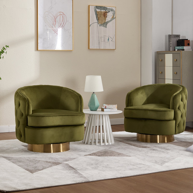 Luxury Velvet Barrel Accent Chair - 360° Swivel Round Base With Gold Finish -Tufted Back & Armrests - Oversized Statement Chair For Living Room, Lounge