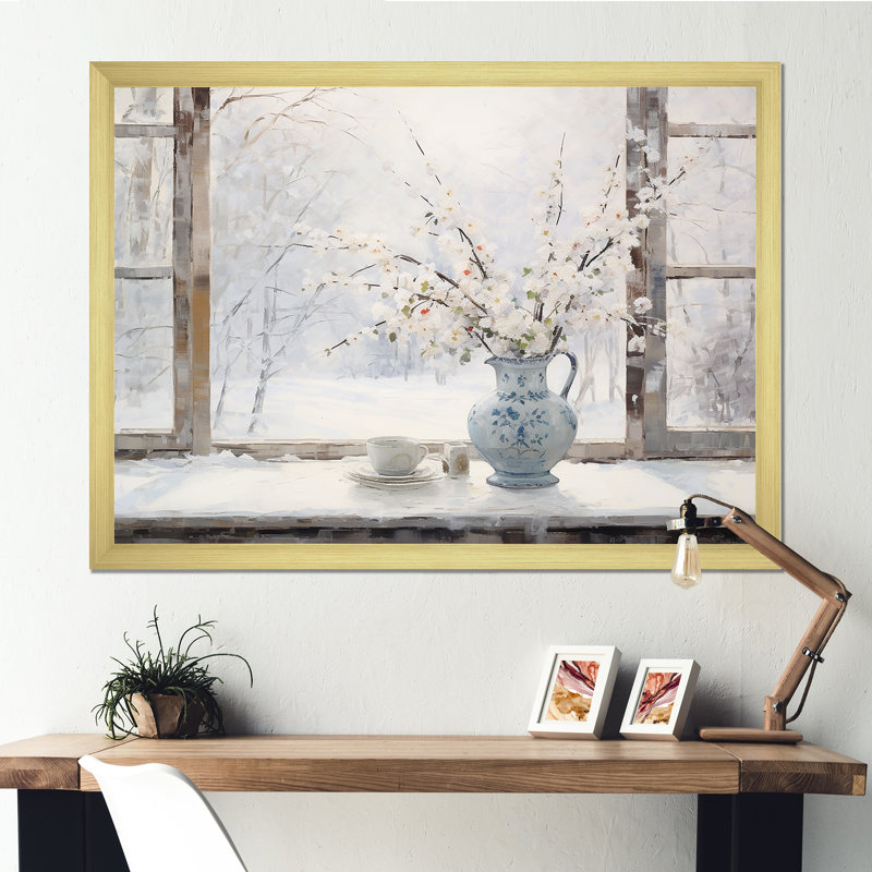 «Snow by the Winter Window View 4 - Japon», art mural, Cadre doré à coins fermés, H 34 po x l 44 po x P 1,5 po