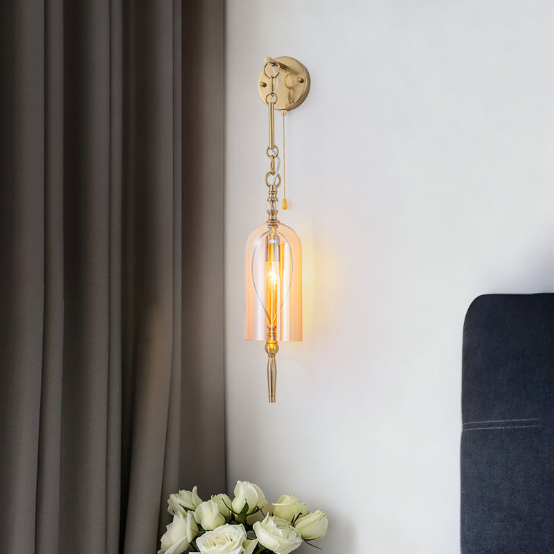 1-Light Armed Wall Sconce with Pull Chain Switch, Vintage Brass Wall Light with Amber Hand-Blown Glass Shade, E12 Base 60W Max for Bedroom Bathroom Vanity Living Room, ETL UL Listed
