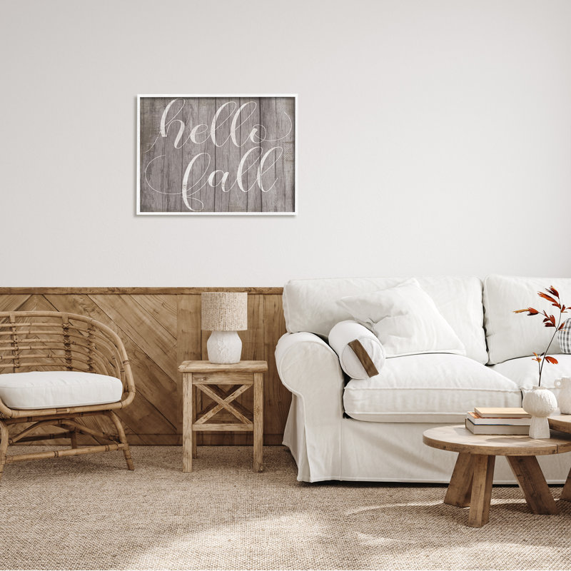 " Hello Fall Phrase Rustic Grain Pattern Minimal Typography " by Daphne Polselli, White Framed, 24" H x 30" W