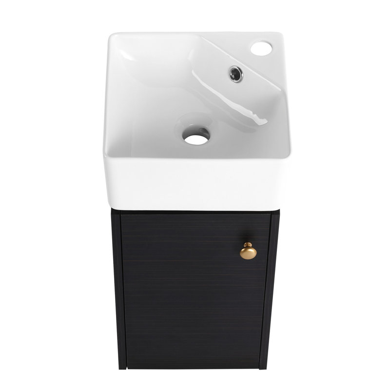 Meuble-lavabo de salle de bain avec lavabo en céramique, taille compacte de 12 pouces, fixation murale, châtaignier noir, petit 12 x 12 x 24,1 po, porte à fermeture en douceur, surface