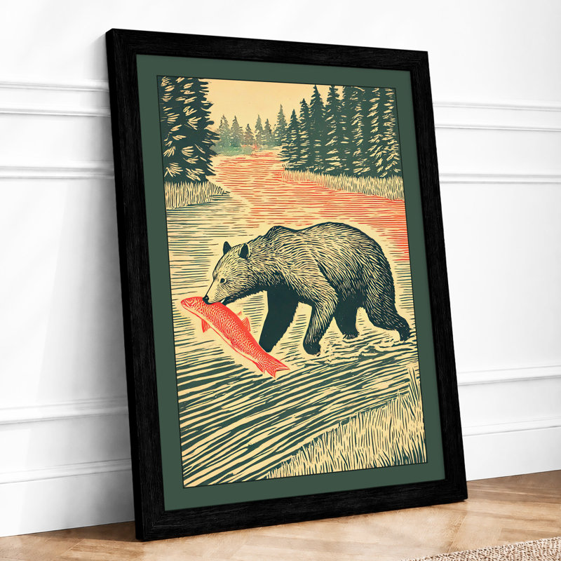 Bear Fishing At Dusk Rustic - Single Picture Frame Print, A4 - 29.7 x 21.0 cm, Black