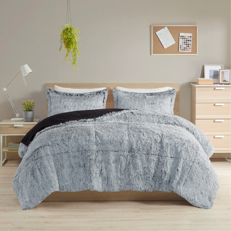 Ensemble d'édredon à poil long simple / simple TG, Gris, Édredon pour lit simple + 1 taie décorative stan