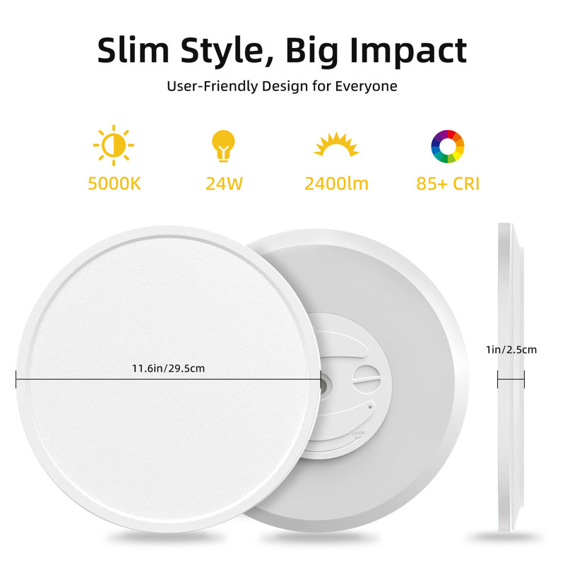 Ensemble de 2 plafonniers encastrés à DEL 2400LM, 24 W, à intensité variable, lumière du jour 5000 K, ultra-mince, 12 pouces, luminaire rond moderne pour la cuisine, le couloir et la salle de lavage