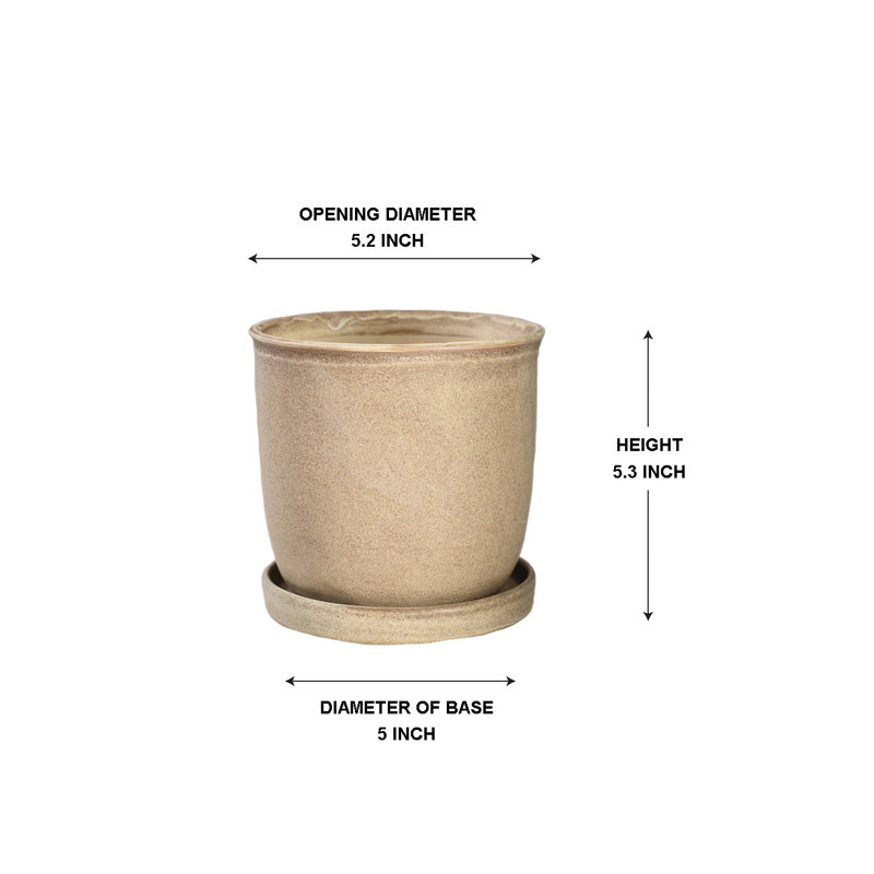  Light Brown Ceramic Planter With Drainage Hole & Saucer, Indoor Plant Pot For Succulents, Herbs & Houseplants, Minimalist Cylinder Design, 5.2" Diameter & 5.3" Tall