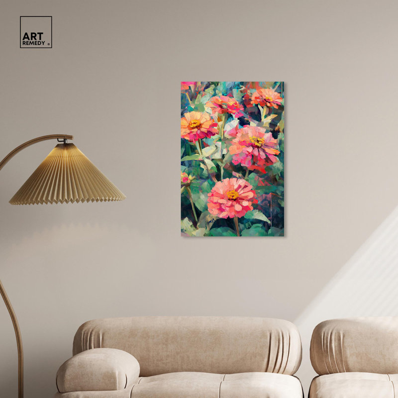 Art Remedy, fleurs vibrantes sur toile, Zinnias en fleurs II, H 30 po x l 20 po, Toile tendue
